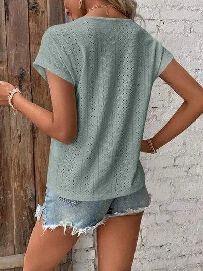 Eyelet V-Neck Short Sleeve T-Shirt Women's T-Shirts - Tophatter Daily Deals